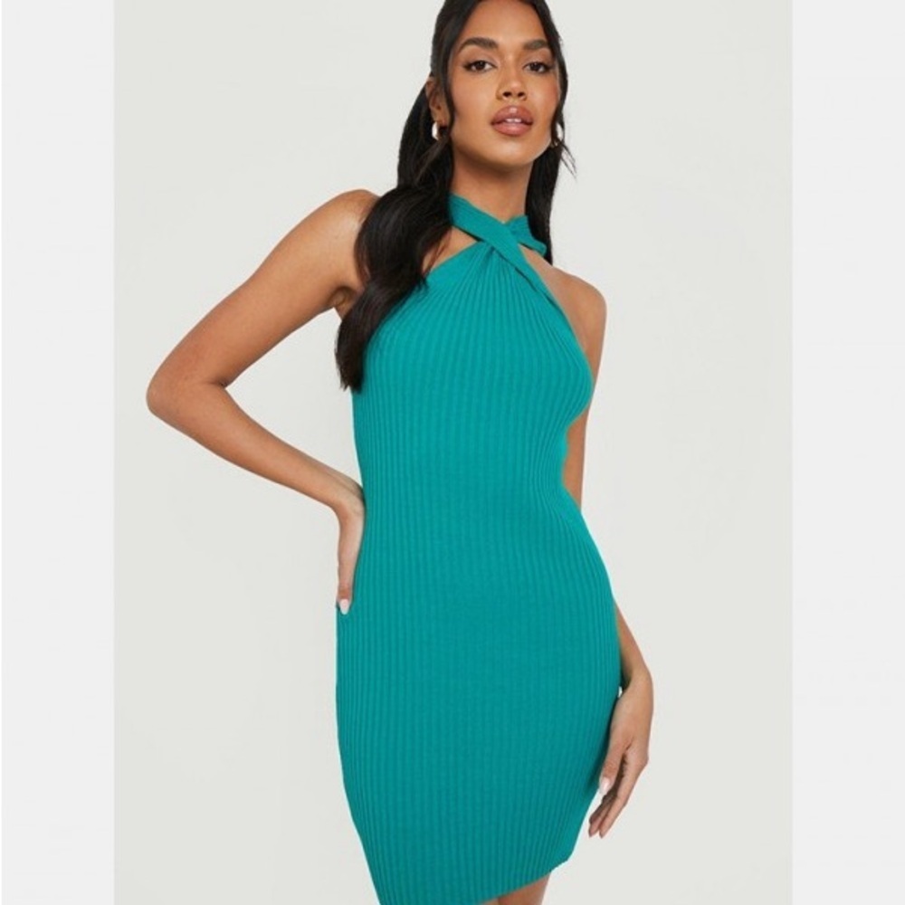 Babaton Sculpt Knit Criss Cross Dress in Teal